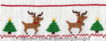 Smocked fabric panel with embroidered reindeer and Christmas trees in red and green