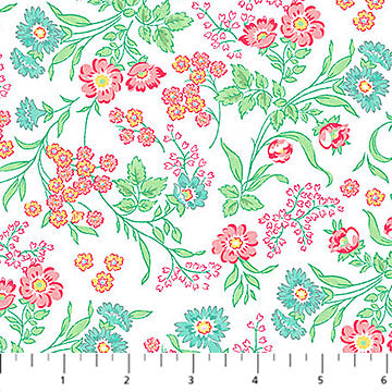 White quilting fabric with pink, teal, and orange floral trail pattern and green leaves