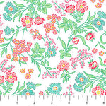 White quilting fabric with pink, teal, and orange floral trail pattern and green leaves