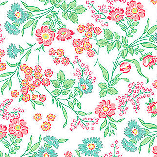 White quilting fabric with pink, teal, and green floral trailing vine pattern