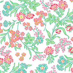 White quilting fabric with pink, teal, and green floral trailing vine pattern