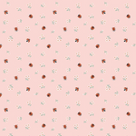 Pink quilting fabric with scattered red ladybugs and tiny white daisy flowers