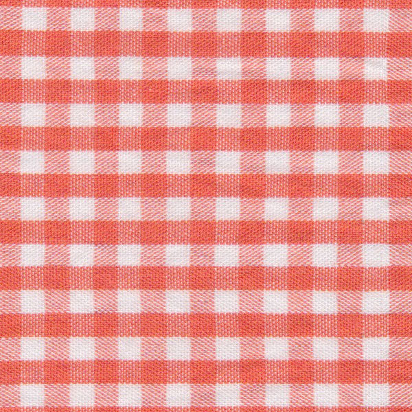 Coral and white gingham check woven cotton fabric, small uniform plaid pattern