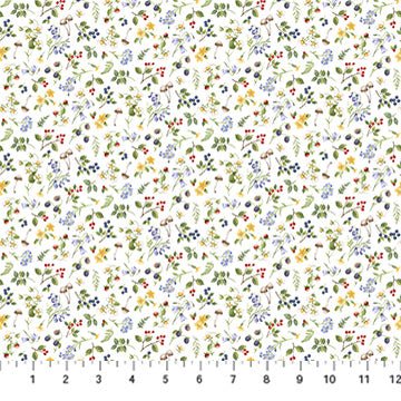 White cotton fabric with scattered small wildflowers, berries, and green leaves pattern