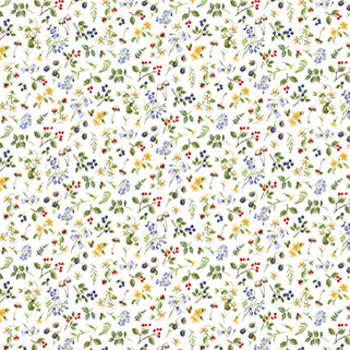 White cotton fabric with scattered multicolor berries, leaves, and wildflowers in ditsy print