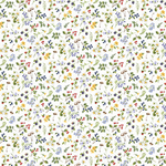 White cotton fabric with scattered multicolor berries, leaves, and wildflowers in ditsy print