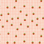 Pink gingham fabric with small scattered jack-o-lantern pumpkin print pattern