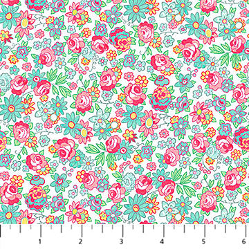 White quilting fabric with pink roses and teal daisy floral allover print