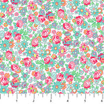 White quilting fabric with pink roses and teal daisy floral allover print