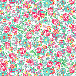 White quilting fabric with pink roses, teal daisies, and green leaves floral print