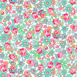 White quilting fabric with pink roses, teal daisies, and green leaves floral print