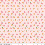 Pink quilting fabric with scattered pink and orange raspberries and gold dots pattern