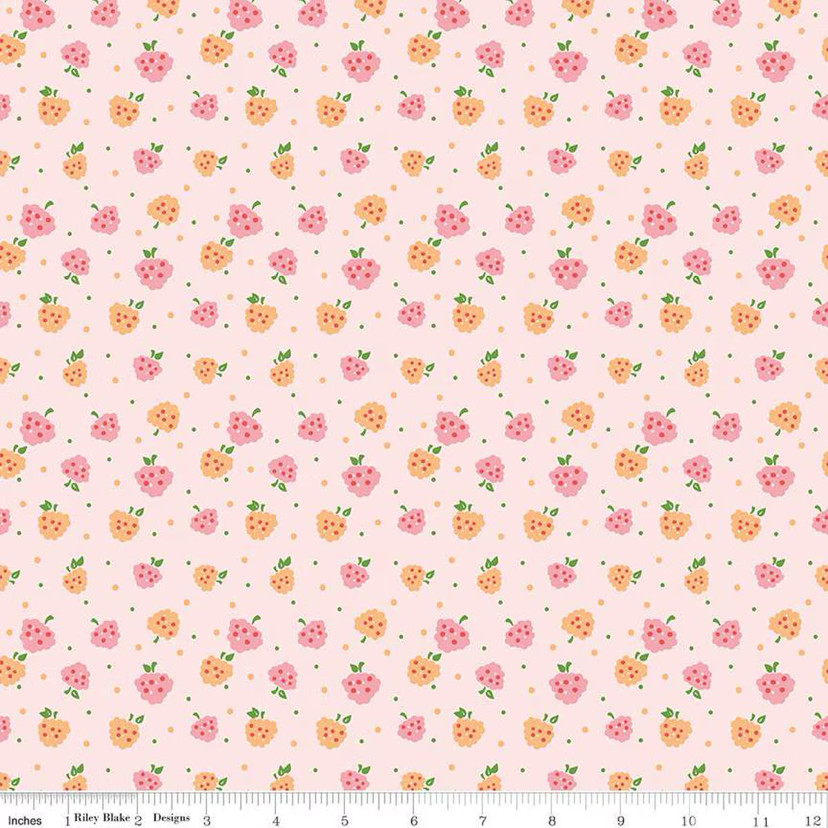 Pink quilting fabric with scattered pink and orange raspberries and gold dots pattern