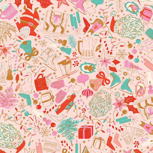 Pink Christmas fabric with scattered holiday icons: Santa, ornaments, candy canes, gifts, mittens.