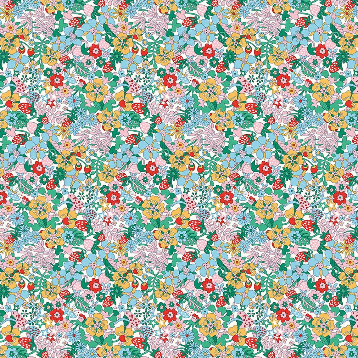Dense floral fabric with strawberries in pink, red, blue, yellow, and green on white