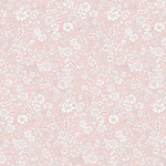 Pink cotton fabric with dense white floral outline print including daisies and peonies
