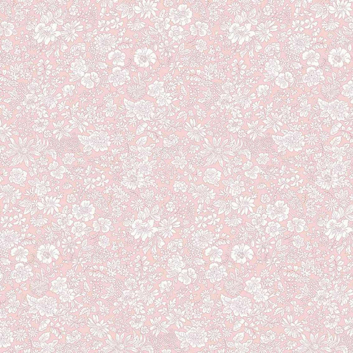 Pink cotton fabric with dense white floral outline print including daisies and peonies
