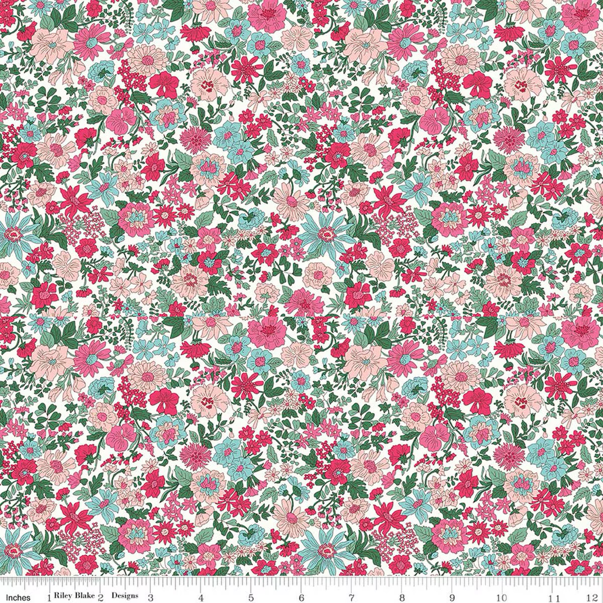 Riley Blake Emily Annabelle G white fabric with pink, coral, and aqua floral print