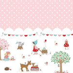 Pink polka dot and white woodland scene double border fabric with girls, deer, and trees