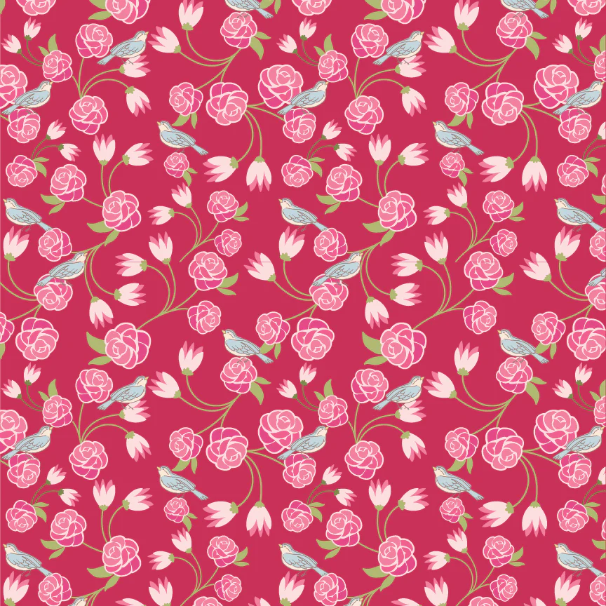 Pink roses and blue birds on deep pink cotton fabric, floral vine pattern