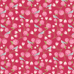 Pink roses and blue birds on deep pink cotton fabric, floral vine pattern