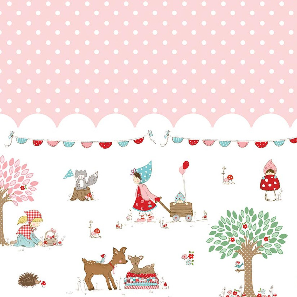 Pink polka dot and whimsical woodland scene cotton fabric with Little Red Riding Hood characters