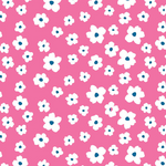 Pink cotton knit fabric with white floral blossom print and navy centers