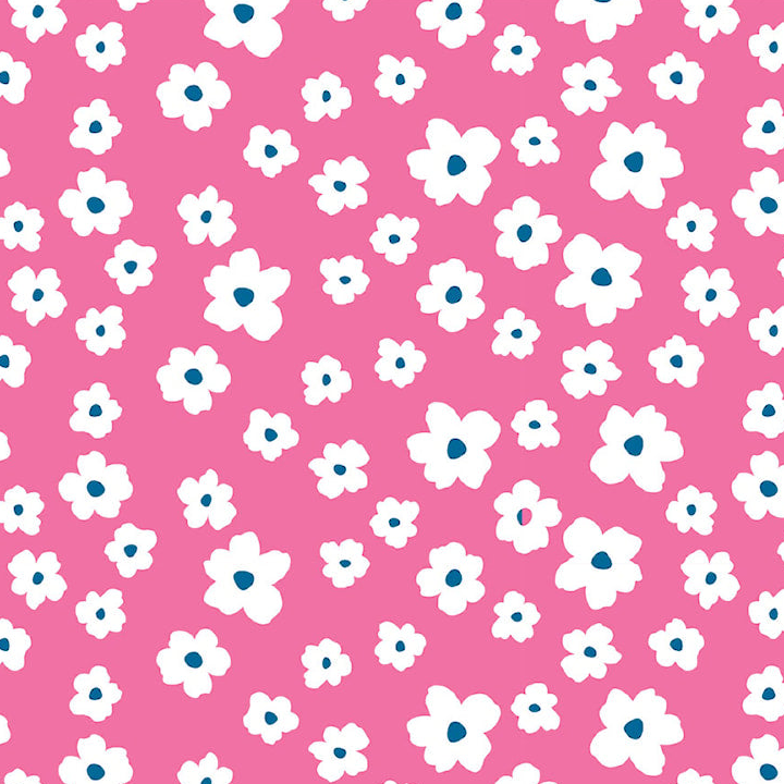 Pink cotton knit fabric with white floral blossom print and navy centers