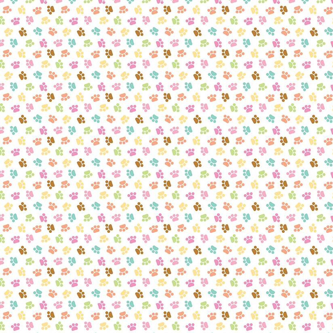 White fabric with colorful pastel cat paw prints scattered in repeating pattern