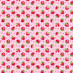 Pink cotton fabric with scattered red strawberries and small pink hearts pattern
