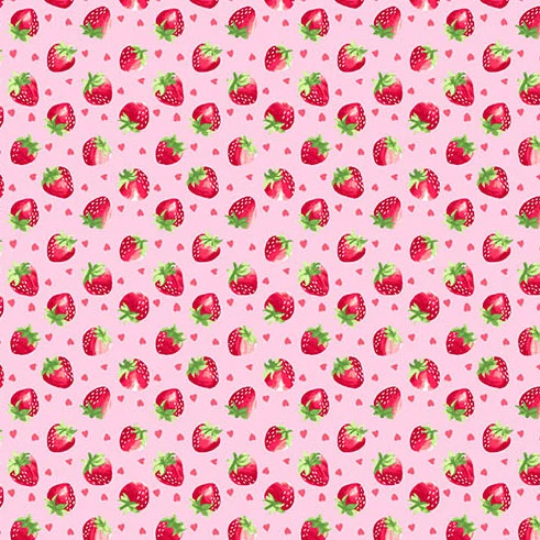 Pink cotton fabric with scattered red strawberries and small pink hearts pattern