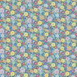 Blue cotton fabric with dense multicolor vintage floral print in yellow, pink, and teal