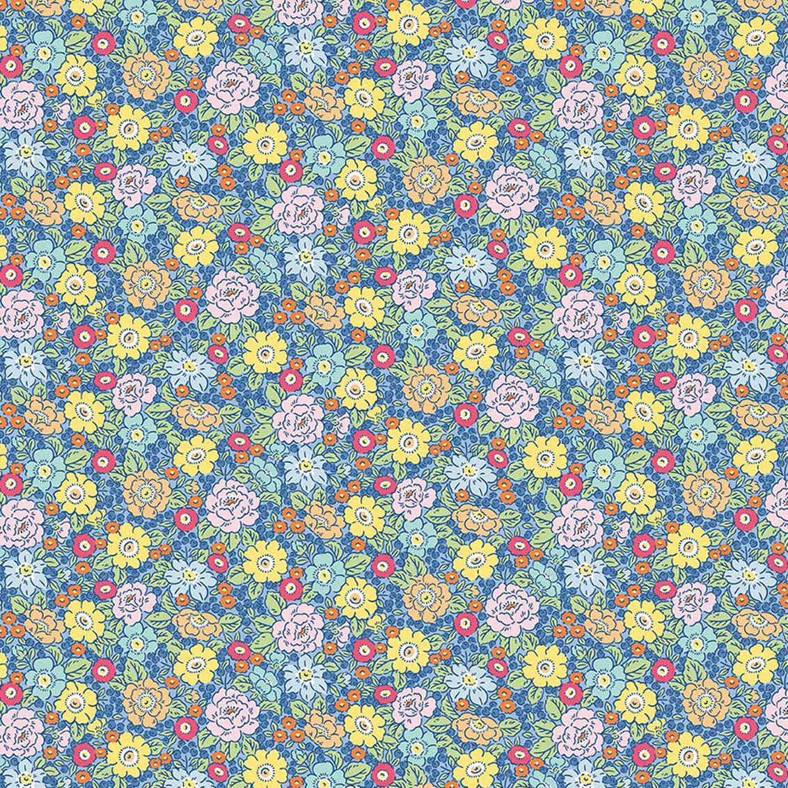 Blue cotton fabric with dense multicolor vintage floral print in yellow, pink, and teal