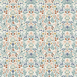 Cream fabric with dense symmetrical floral pattern in teal, pink, blue, and rust tones.
