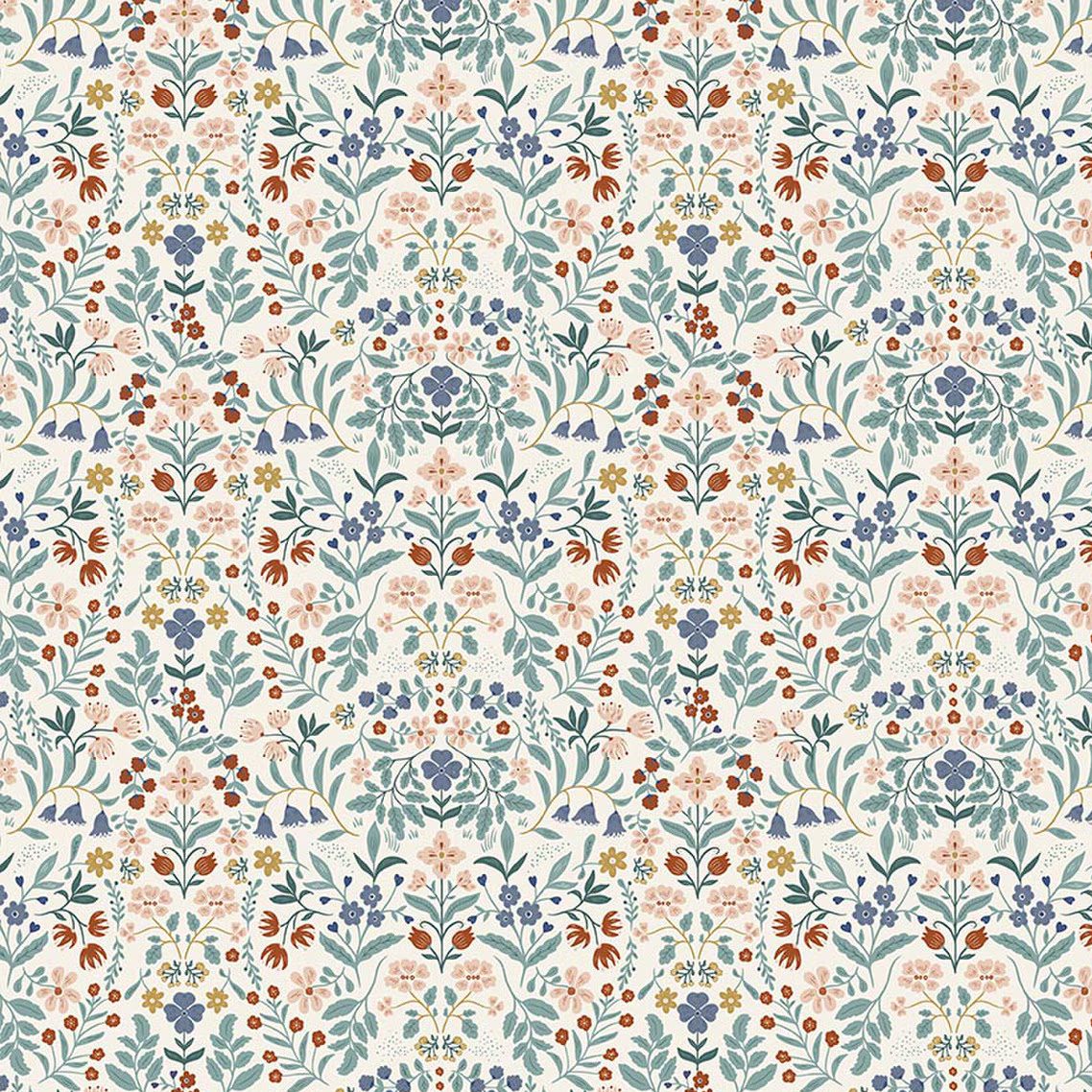 Cream fabric with dense symmetrical floral pattern in teal, pink, blue, and rust tones.