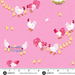 Pink cotton fabric with white hens, pink roosters, and yellow chicks scattered throughout