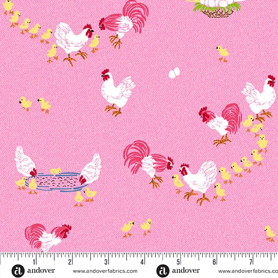 Pink cotton fabric with white hens, pink roosters, and yellow chicks scattered throughout