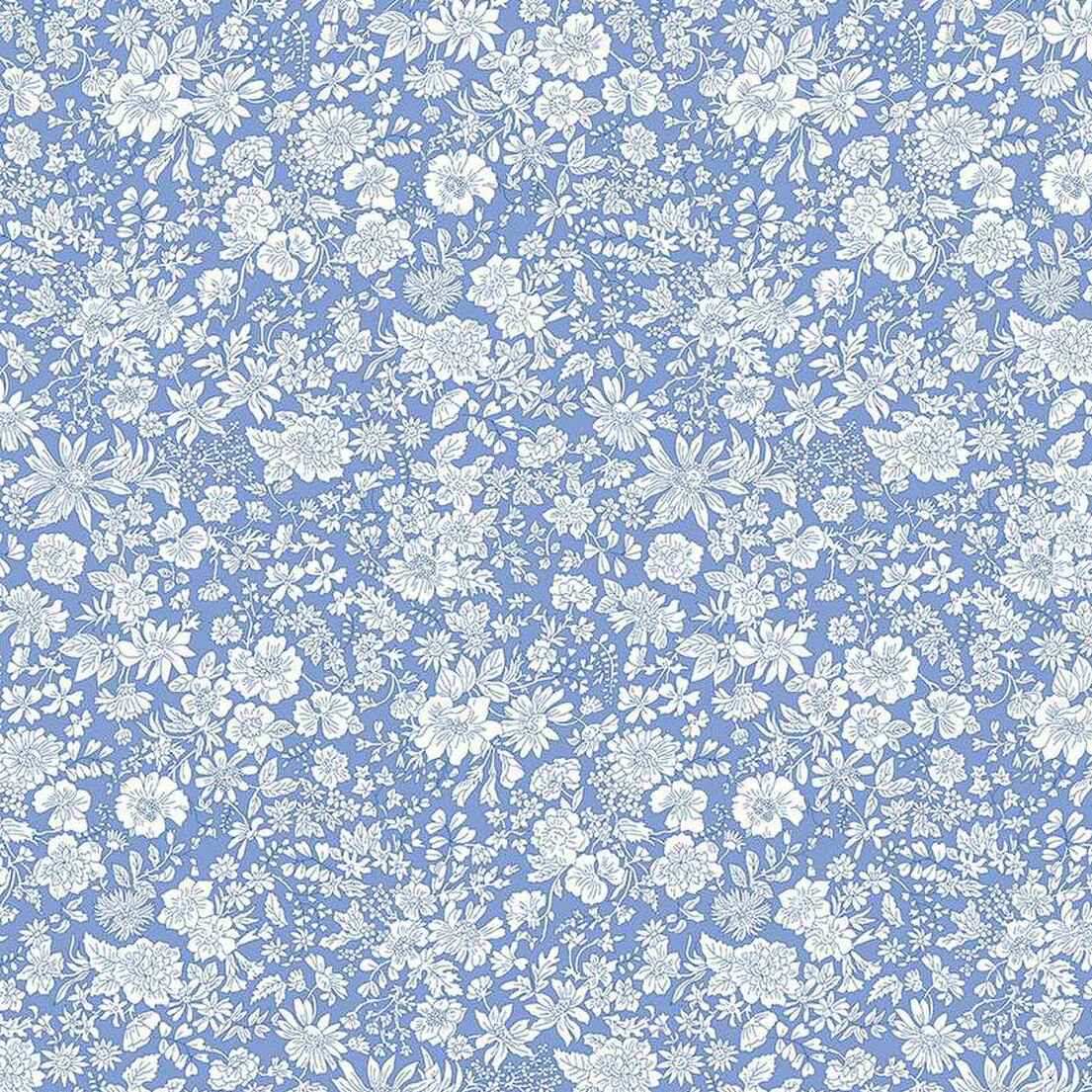 Emily Belle Marine Blue fabric with dense white floral print on periwinkle blue background