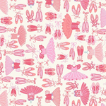 Pink ballet shoes tutus and fairy wings pattern on cream cotton fabric