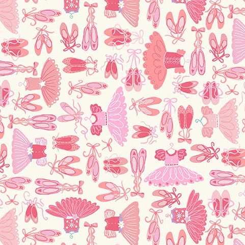 Pink ballet shoes tutus and fairy wings pattern on cream cotton fabric