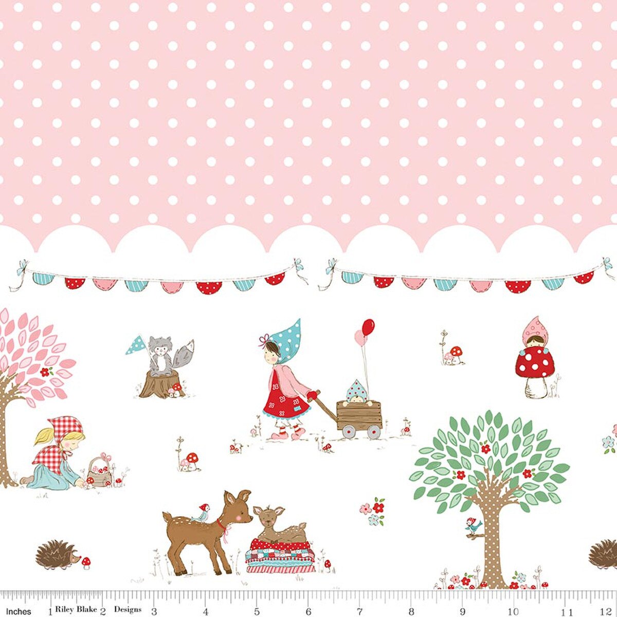 Pink polka dot and white woodland scene double border quilting fabric, 1/2 yard
