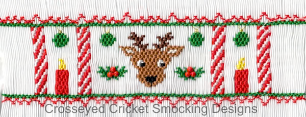 Smocking plate featuring reindeer, candles, holly, and ornaments in red and green
