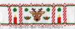 Smocking plate featuring reindeer, candles, holly, and ornaments in red and green