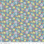Blue cotton fabric with dense multicolor vintage floral print in yellow, pink, and orange