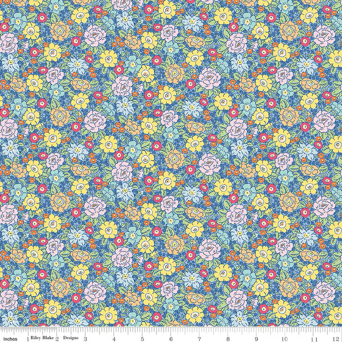 Blue cotton fabric with dense multicolor vintage floral print in yellow, pink, and orange