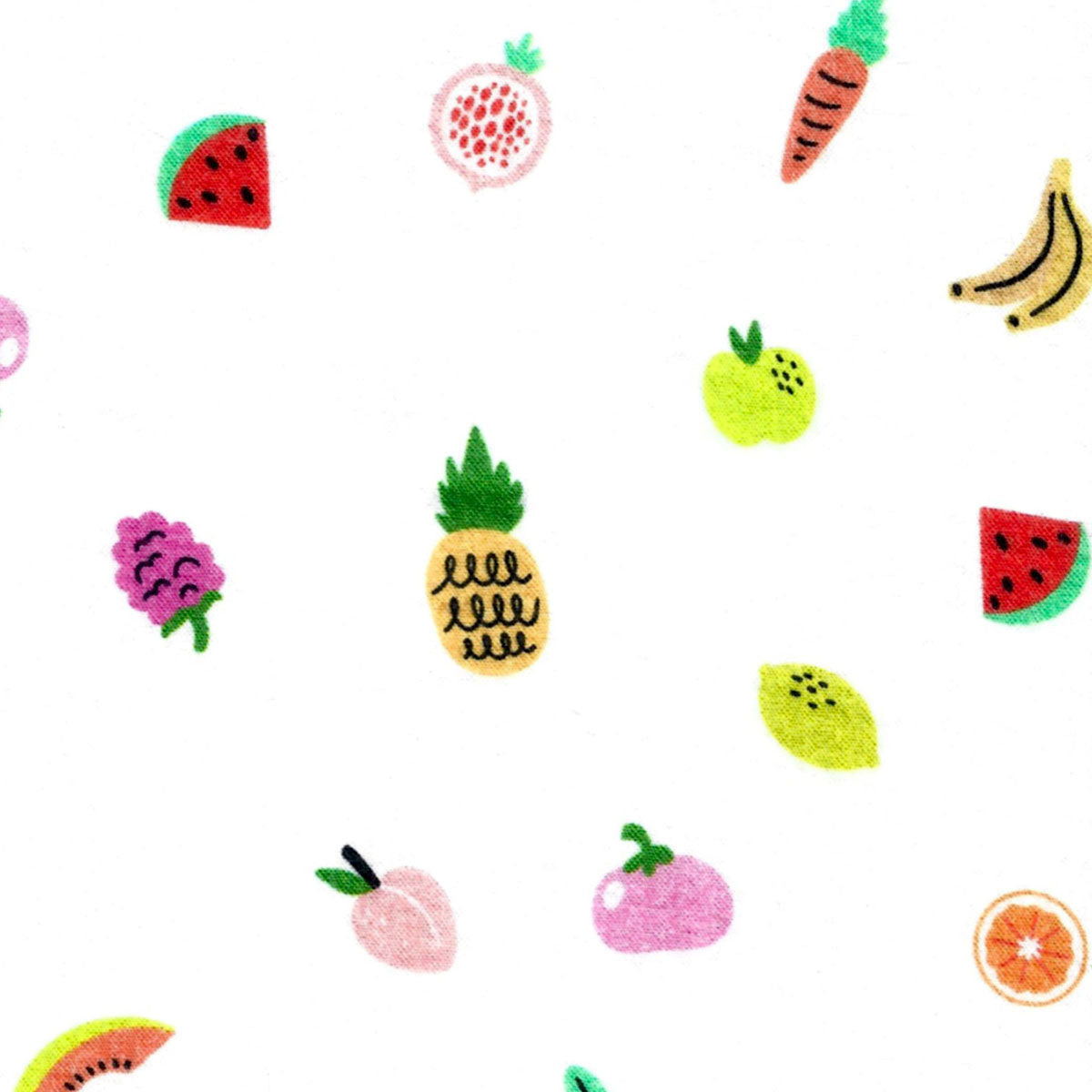 White seersucker fabric with colorful fruit and veggie print including pineapple, watermelon, banana