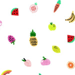 White seersucker fabric with colorful fruit and veggie print including pineapple, watermelon, banana