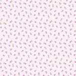 Light pink fabric with scattered small pink rosebuds and green stems allover print