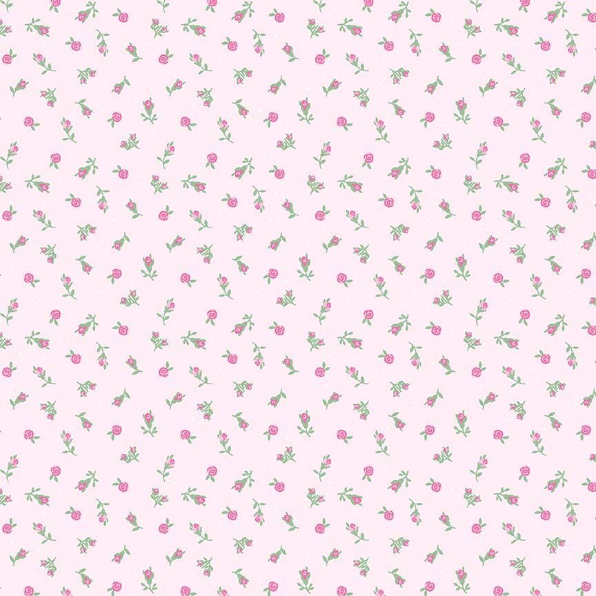 Light pink fabric with scattered small pink rosebuds and green stems allover print