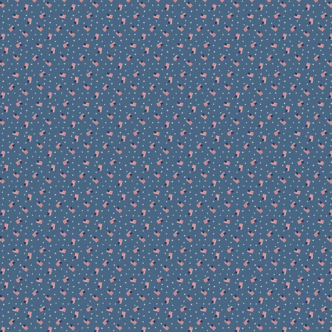 Blue fabric with scattered mini American flags and white dots allover pattern